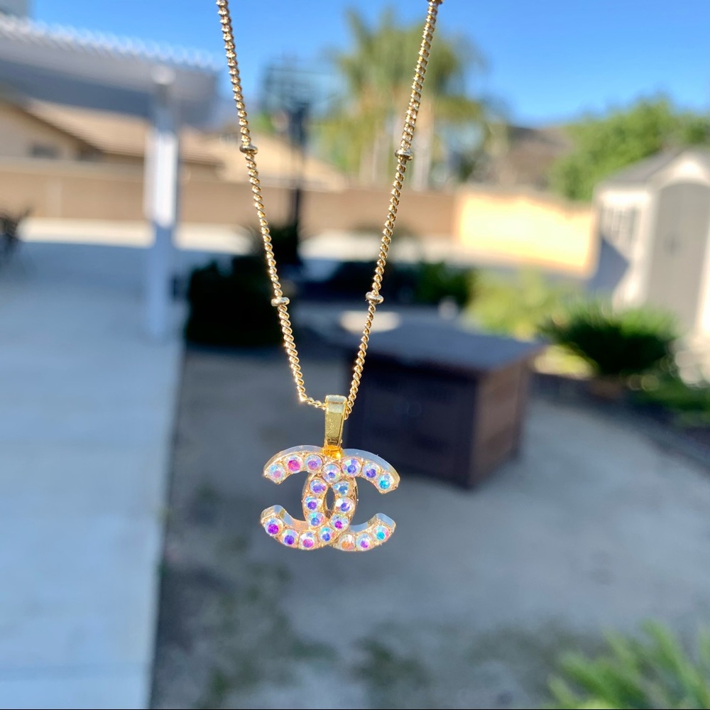 Vintage CC logo gold rhinestone necklace